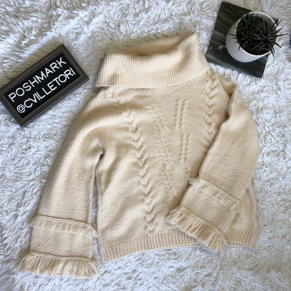 Wide Fringe Sleeve Cable Knit Sweater Large Cream - Picture 2 of 6